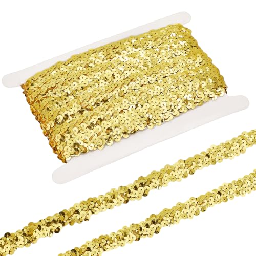 PH PandaHall 9.14m Goldfarbener Stretch Paillettenbesatz 20mm Elastisches Glitzerband Pailletten Stoffbesatz Zum Basteln Nähen Hochzeit Kostüm Kleid Stirnband von PH PandaHall