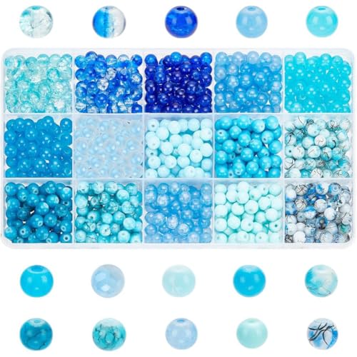 PH PandaHall 900 Stück Glasperlen Zum Auffädeln, 6 mm Bastelperlen Blau 15 Stile Knisternde Glasperlen Runde Lose Perlen Für DIY Armbänder, Armband, Halskette, Ohrring, Schmuckherstellung von PH PandaHall