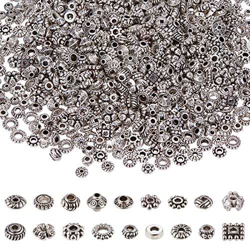 PH PandaHall 900Pcs/Box 18 Formen Tibetischen Stil Legierung Perlen Abstandshalter Metall Zwischenperlen für Halskette Armband DIY Schmuck machen, Antik Silber, 1~3mm Loch von PH PandaHall