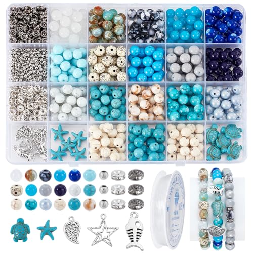 PH PandaHall 950 Stück Ocean Schmuckherstellungsset Blau Ozeanperlen Bastelset 8mm Glasperlen Schildkröten Perlen Mit Meerjungfrau Seestern Charms Für Sommer Surfer Armbänder Boho Schmuckherstellung von PH PandaHall