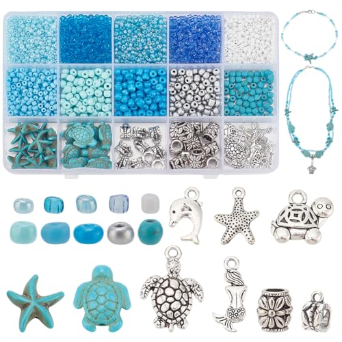 PH PandaHall 980 Stück Ozean-Perlen für die Schmuckherstellung, türkisfarbene Schildkrötenperlen, blaue Rocailles, Meeresseestern, Meerjungfrauen-Charms, Metallperlen-Anhänger für Armband, Halskette, PH PandaHall 980 Stück Ozean-Perlen für die Schmuckherstellung, türkisfarbene Schildkrötenperlen, blaue Rocailles, Meeresseestern, Meerjungfrauen-Charms, Metallperlen-Anhänger für Armband, Halskette, von PH PandaHall