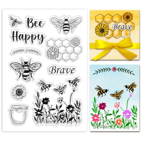 PH PandaHall Bee Happy Clear Stamp Flower Silicone Stamps Honeycomb Rubber Stamps Honey Jar Clear Stamp Transparent Seal Stamps for DIY Scrapbooking Crafts Card Making Photo Album Spring Decor von PH PandaHall