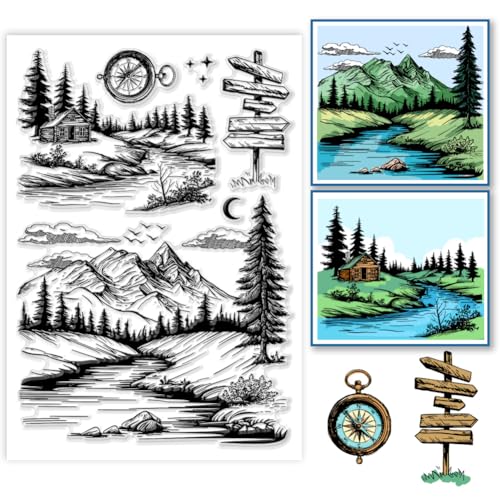 PH PandaHall Berglandschaft Clear Stamp, Waldhütten Silikonstempel Transparenter Gummistempel Kompass Flüsse für Kartengestaltung, Fotoalben, Urlaubskarten, Scrapbooking PH PandaHall Berglandschaft Clear Stamp, Waldhütten Silikonstempel Transparenter Gummistempel Kompass Flüsse für Kartengestaltung, Fotoalben, Urlaubskarten, Scrapbooking von PH PandaHall