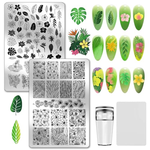 PH PandaHall Blatt Nagelstempelplatten Regenwaldblätter Nagelbildplatten Blumenmotiv Nagelkunst Stencils Tropische Pflanzen Maniküre Stempelvorlagen für Frauen Maniküre Salon Design DIY Druck 2 Stück von PH PandaHall