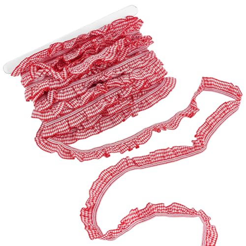 PH PandaHall Elastischer Gingham-Bordüre, rot, 1,9 cm breit, kariert, Stretch-Besatz, Rüschen, plissiert, Spitzenband, karierter Rand, zum Nähen, Basteln, Kleidung, Applikation, Heimdekoration von PH PandaHall