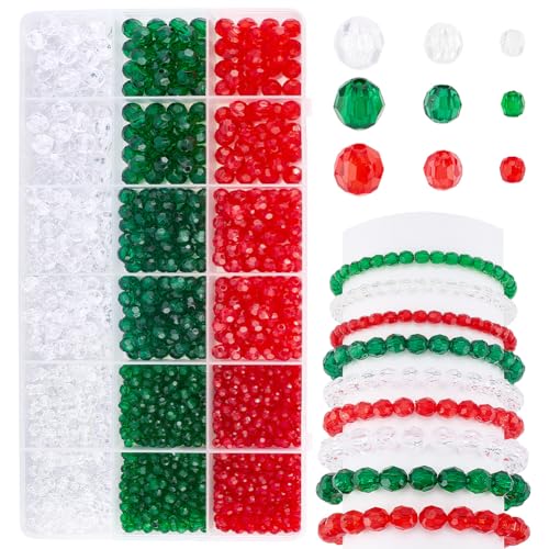 PH PandaHall Facettierte Acrylperlen für Weihnachten, 4 mm, 6 mm, 8 mm, Rondelle-Kristallperlen, rot-grüne, klare Kristallperlen, lose Perlen für Armbänder, Halsketten, Ohrringe, Schmuckherstellung von PH PandaHall