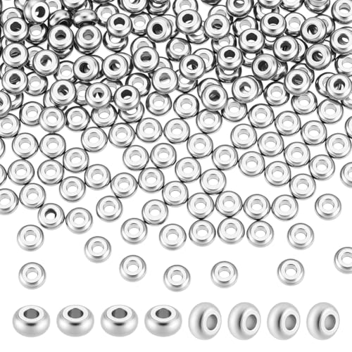PH PandaHall Flache runde Abstandshalter, 4 mm, Edelstahl-Abstandhalter, Metallperlen, Abstandhalter, lose Perlen für Armbänder, Halsketten, Schmuckherstellung, Loch 1 mm, 200 Stück von PH PandaHall