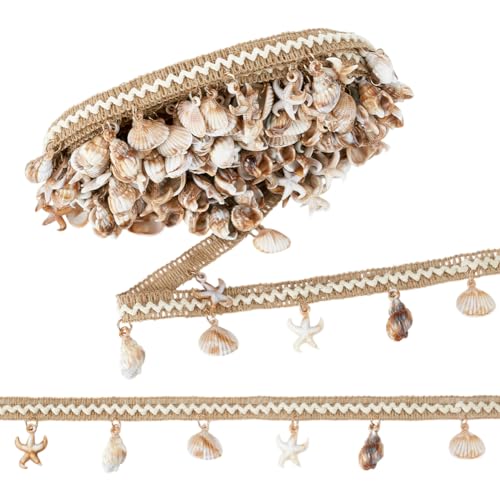 PH PandaHall Fransenborte mit Seestern und Muscheln, Jute, Spitzenbordüre, Boho-Bordüre, Fransen für Kleidung, Lampenschirm, Vorhang, Kostüm, Zuhause, Strand, Party, Dekorationen von PH PandaHall