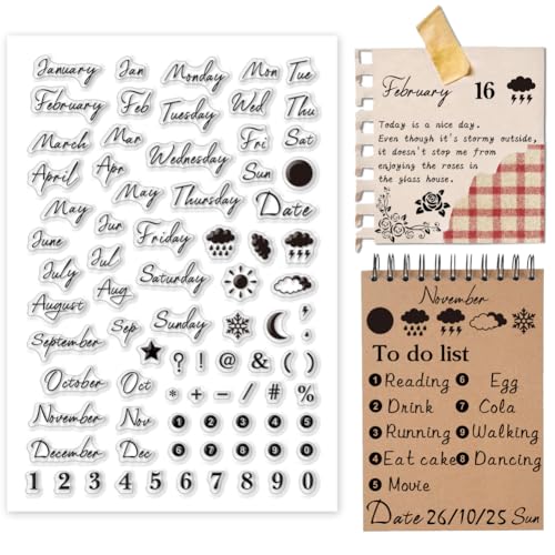 PH PandaHall Handgeschriebener Monat Klarer Stempel für Kartenherstellung, Datum-Wetter-Silikon-Stempel Zahlensymbol Transparenter Gummistempel Siegel-Stempel für Journal, Postkarte, Scrapbooking von PH PandaHall