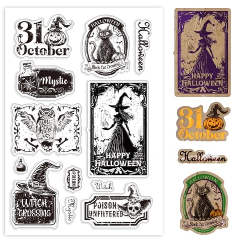 PH PandaHall Happy Halloween Clear Stamps, Witch Trick or Treat Clear Stamps Rubber Stamps Cat Transparent Silicone Stamp Paper Craft Stamp for Journal Album Card DIY Crafts Making Scrapbooking Decor von PH PandaHall