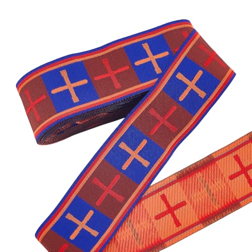 PH PandaHall Jacquard-Band mit Kreuzmuster, 5,1 cm breit, Boho-Polyester-Stoff, für Kleidung, Nähen, Basteln, Vorhänge, Halloween, Weihnachten, Party, Dekoration, 7 Meter lang, Rot / Blau von PH PandaHall