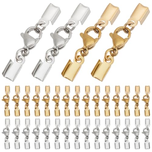 PH PandaHall Karabinerverschlüsse mit Kordelenden, 304 Edelstahl, Schmuckverschlüsse, goldene Kordel-Endkappen für Lederarmbänder, Halsketten, Schmuckherstellung, 2 Farben, 40 Stück von PH PandaHall