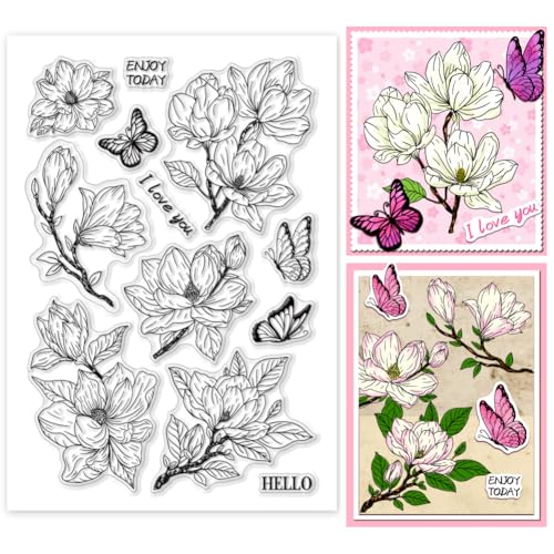 PH PandaHall Magnolia Blume klar Stempel, Blumen-Silikon-Stempel Schmetterling Transparenter Gummistempel Siegel-Stempel für DIY Kartenherstellung Journal Scrapbooking Geschenkanhänger, 16x11 cm PH PandaHall Magnolia Blume klar Stempel, Blumen-Silikon-Stempel Schmetterling Transparenter Gummistempel Siegel-Stempel für DIY Kartenherstellung Journal Scrapbooking Geschenkanhänger, 16x11 cm von PH PandaHall