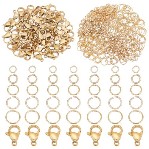 PH PandaHall Offene Binderinge und Karabinerverschluss, 660 Stück, 18 Karat Gold, 600 Stück 4/5/6/7/8 mm goldene O-Ringe, 60 Stück 12 x 7 mm Schmuckverschluss, Edelstahl-Armband-Halsketten-Verschluss von PH PandaHall