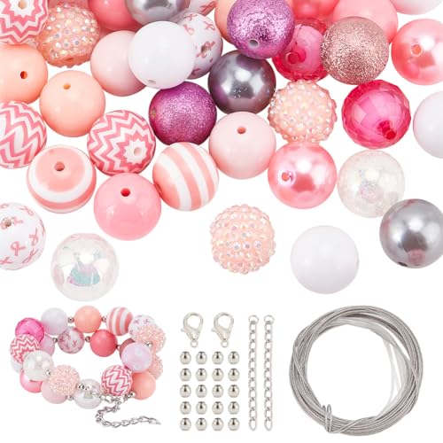 PH PandaHall Perlenset für Brustkrebs-Bewusstsein für Armbänder, 20 mm, rosa Perlen, gemischte Kaugummi-Perlen, große Acrylperlen für Schmuck, Armband, Halskette, Stifttasche, Girlande, 106 Stück von PH PandaHall