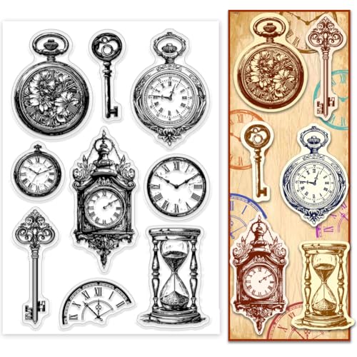 PH PandaHall Retro Clocks Clear Stamp für Kartenherstellung, Schlüssel Sanduhr Gummistempel Wanduhr Zeitmesser Silikonstempel Vintage Transparente Siegelstempel für Scrapbooking, Geschenkanhänger von PH PandaHall