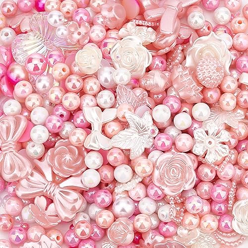 PH PandaHall Rosa Perlen für die Schmuckherstellung, 300 Stück 8mm Acrylperlen, 30 g Rosenblüten-Schmetterlings-Harz-Cabochon-Perlen, 20 g Flatback-Perlen für die Herstellung von Armbändern von PH PandaHall