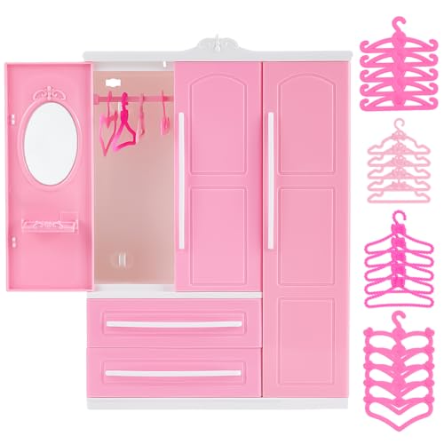 PH PandaHall Rosa Puppenschrank Möbel Plastik Puppe Kleiderschrank Puppe Kleidung Organizer Puppenhaus-Schrank mit 40 Stück Puppenbügeln 4 Style Pinke Plastikbügel für Puppenhausmöbel Zubehör Geschenk von PH PandaHall