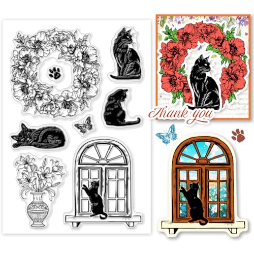 PH PandaHall Schwarze Katze Clear Stamp, Kranz-Silikonstempel Vase Fenster Transparenter Stempel Siegel Papierstempel für Kartengestaltung, Fotoalben, Urlaubskarten, Scrapbooking PH PandaHall Schwarze Katze Clear Stamp, Kranz-Silikonstempel Vase Fenster Transparenter Stempel Siegel Papierstempel für Kartengestaltung, Fotoalben, Urlaubskarten, Scrapbooking von PH PandaHall