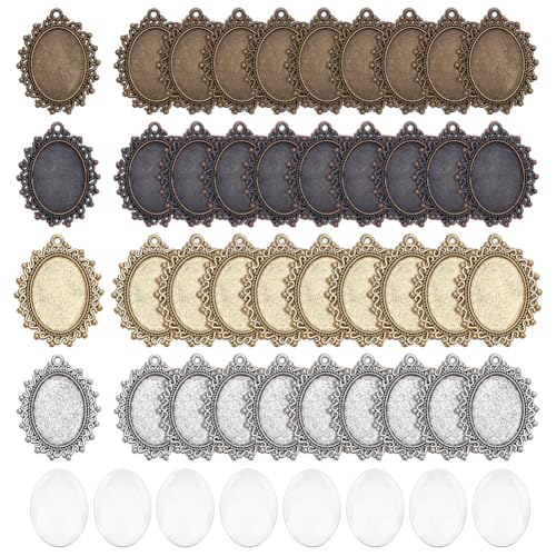 PH PandaHall Set mit 40 Anhängern, 40 Stück, 4 Farben, Ohrring-Anhänger, blanko, ovale Cabochon-Einstellungen und 40 Stück 18 x 25 mm Klarglas-Cabochons für Kamee-Hochzeitsstrauß, Abschlussfeier von PH PandaHall