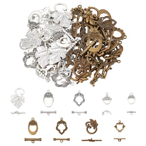 PH PandaHall Tibetischer Schmuck-Knebelverschluss, Blume, oval, Blattlegierung, Schmuckverschlüsse und Verschlüsse für Halsketten, Armbänder, Schmuckherstellung, Antik-Silber/Bronze, 54 Sets von PH PandaHall