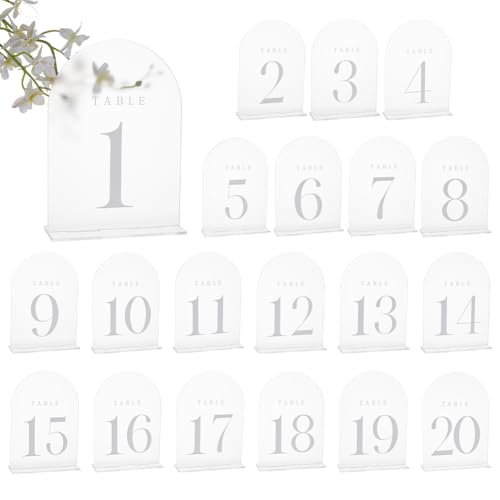 PH PandaHall Tischnummern-Set, mattiert, für Hochzeiten, Tischnummern, Acryl-Tischnummern 1–20, Bogen-Acrylschild mit Ständer, für Hochzeit, Empfang, Event, Party, Restaurant, transparent, 17,8 x 12,7 von PH PandaHall
