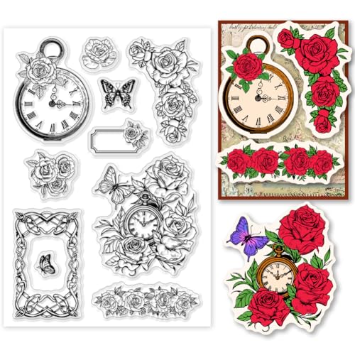 PH PandaHall Uhr mit Rose Klarer Stempel, Schmetterlings-Silikonstempel Blume Rahmen Transparent Gummi Stempel für Kartenherstellung, Fotoalben, Urlaubskarten, Scrapbooking PH PandaHall Uhr mit Rose Klarer Stempel, Schmetterlings-Silikonstempel Blume Rahmen Transparent Gummi Stempel für Kartenherstellung, Fotoalben, Urlaubskarten, Scrapbooking von PH PandaHall