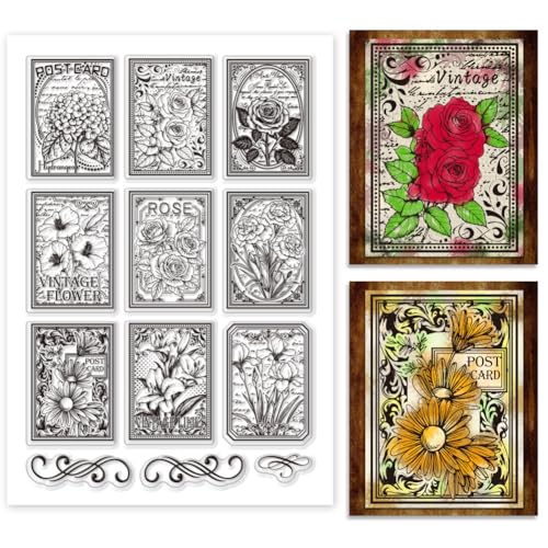 PH PandaHall Vintage Blumen Clear Stamp, Blumen Posters Silikonstempel Rose Nelken Transparent Gummi Stempel Siegel-Stempel für DIY Kartenherstellung Dekoration Journal Scrapbooking, 16x11 cm von PH PandaHall