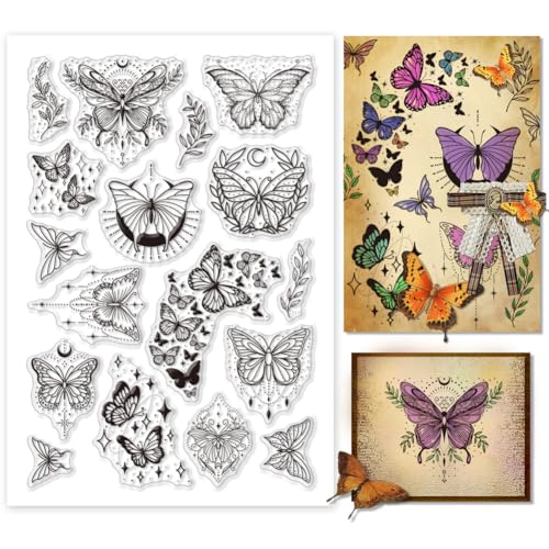 PH PandaHall Vintage Schmetterling Klarer Stempel, Magischer Schmetterling Silikonstempel Transparenter Blatt-Stern-Gummistempel Siegel-Stempel für Kartenherstellung, Dekoration, Journal, Scrapbooking von PH PandaHall