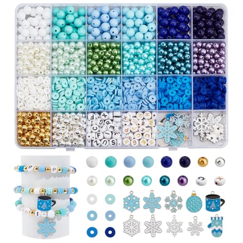 PH PandaHall Weihnachts-Schneeflocken-Perlen zur Schmuckherstellung, verschiedene weiß-blaue Winterperlen, runde Acryl-Polymer-Ton-Perlen, Buchstaben-Perlen mit Charms für Armbänder, Halsketten von PH PandaHall