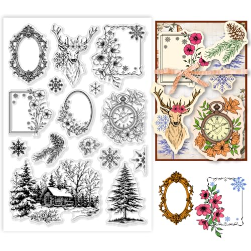 PH PandaHall Winter Border Clear Stamp, Elch Schneeflocke Silikonstempel Transparenter Stempel Winterhaus für Kartengestaltung, Urlaubskarten, Scrapbooking, Geschenkanhänger PH PandaHall Winter Border Clear Stamp, Elch Schneeflocke Silikonstempel Transparenter Stempel Winterhaus für Kartengestaltung, Urlaubskarten, Scrapbooking, Geschenkanhänger von PH PandaHall