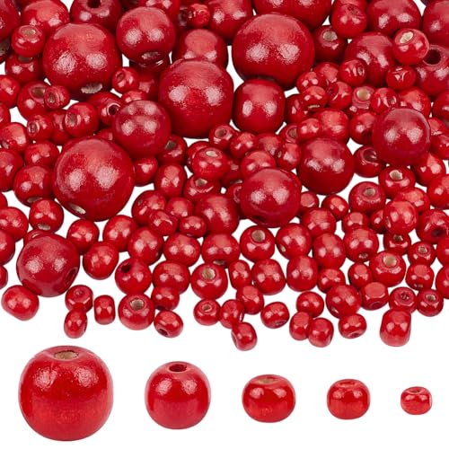 PH Pandahall 1005 rote Holzperlen, kleine bemalte Holzperlen, Makramee-Perlen, runde Abstandshalter, rote Pony-Perlen für Armbänder, Basteln, Makramee, Weihnachtsbaum, Party-Dekoration, 6 ~ 20 mm, 5 von PH PandaHall