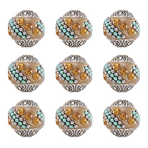 PandaHall 10 handgefertigte indonesische runde Perlen, 14~16 x 14~16 mm, Polymer-Ton, Abstandhalter, lose Perlen mit Kern aus Legierung & Strass, dunkles Khaki von PH PandaHall