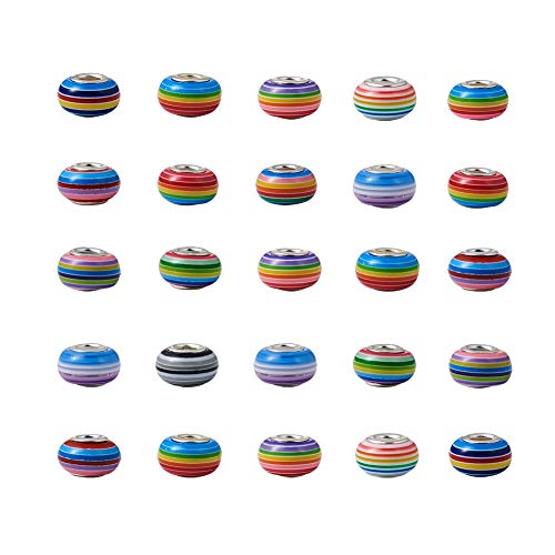 PandaHall 100 Stück große Perlen aus Kunstharz, europäische Perlen, bunte Streifen, Rondelle, Abstandhalter, lose Perlen mit silberfarbenem Kern für europäische Schlangenketten-Charm-Armbänder PandaHall 100 Stück große Perlen aus Kunstharz, europäische Perlen, bunte Streifen, Rondelle, Abstandhalter, lose Perlen mit silberfarbenem Kern für europäische Schlangenketten-Charm-Armbänder von PandaHall
