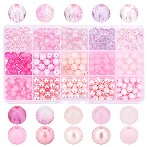PandaHall 15 Stil Rosa Glasperlen, 450 Stück 8 mm Crackle Glass Baking Painted Bead Round Loose Beads Spacer Für Valentinstag Sommer Boho Armbänder, Halsketten, Handwerk DIY Schmuckherstellung von PH PandaHall