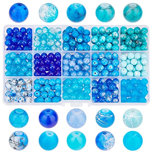 PandaHall 15 Style Blaue Glasperlen, 450pcs 8mm Blue Sea Crackle Glasperle Runde Lose Perlen Abstandshalter Für Sommer Boho Armbänder, Halsketten, Handwerk DIY Schmuckherstellung von PH PandaHall