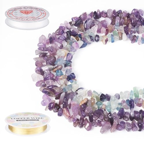 PandaHall 2 Stränge natürliche Edelstein-Chip-Perlen mit elastischem Faden, Kupferdraht, violett, unregelmäßiger Amethyst, Kristallperlen für Armband, Schmuckherstellung, DIY Handwerk von PandaHall