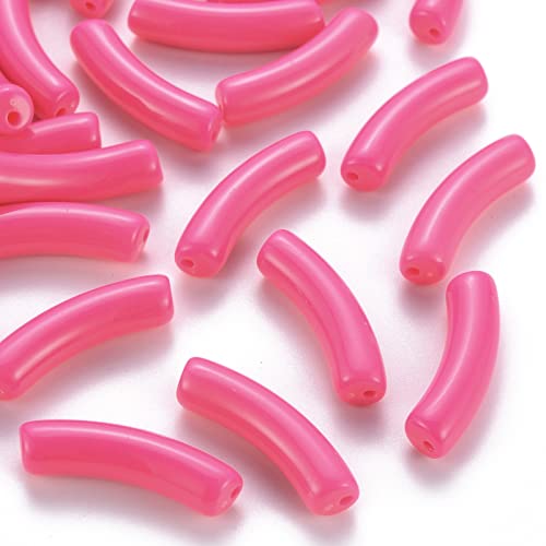 PandaHall 20 Stück undurchsichtige, gebogene Röhrenperlen aus Acryl in Hot Pink, lange gebogene Röhren, Nudelverbinder, Charms für DIY Schmuckherstellung, Loch: 1,8 mm von PandaHall