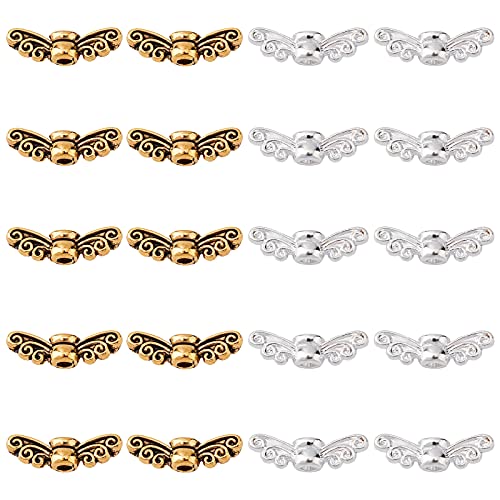 PandaHall 200Stk Angel Wing Perlen Silber Golden Tibetan Allead Beads Fairy Wing Spacer Perlen Für Weihnachten Hochzeitsdekoration DIY Schmuckherstellung (14mm Loch: 1.5mm) von PH PandaHall