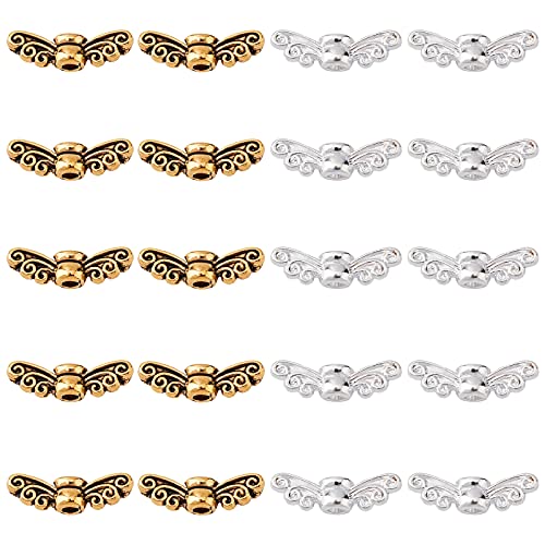 PandaHall 200Stk Angel Wing Perlen Silber Golden Tibetan Allead Beads Fairy Wing Spacer Perlen Für Weihnachten Hochzeitsdekoration DIY Schmuckherstellung (14mm Loch: 1.5mm) von PH PandaHall