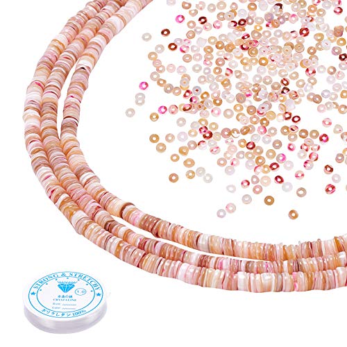 PandaHall 3 Stränge rosa Muschelperlen, flache Naturperlen, Heishi-Perlen, Zwischenperlen mit 4,5 m, 1 mm, elastischer Kristallfaden für Armband, ca. 40,5~41 cm/Strang PandaHall 3 Stränge rosa Muschelperlen, flache Naturperlen, Heishi-Perlen, Zwischenperlen mit 4,5 m, 1 mm, elastischer Kristallfaden für Armband, ca. 40,5~41 cm/Strang von PandaHall