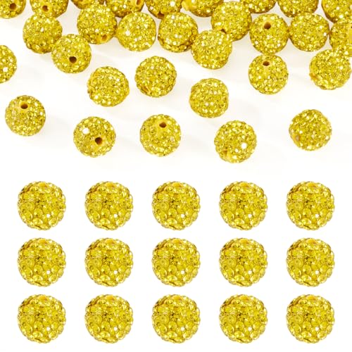 PandaHall 30 Stück Strass-Ton-Perlen, 10 mm, runde Discokugel-Perlen, gelb, glitzernde Kristallperlen, Großpackung für Schmuckherstellung, Perlenstift-Dekoration von PH PandaHall