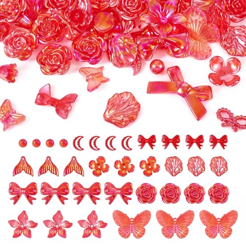 PandaHall 30 g Harz-Blumenperlen, barocke Schmetterlings-Schleife, sortierte Armbandperlen, rot, ästhetische Bastelperlen, Großpackung für DIY-Schmuckherstellung von PandaHall