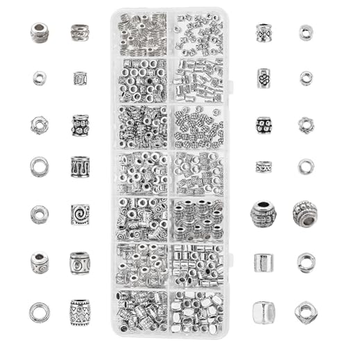 PandaHall 405 Stück Runde Metallperlen, 14 Stile Tibetische Antik Silber Abstandsperlen Säulen Fassperlen Schmuckperlen Legierungsperlen Lose Perlen Set für Armbänder Halsketten Ohrringe Schmuck von PH PandaHall