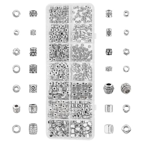 PandaHall 405 Stück Runde Metallperlen, 14 Stile Tibetische Antik Silber Abstandsperlen Säulen Fassperlen Schmuckperlen Legierungsperlen Lose Perlen Set für Armbänder Halsketten Ohrringe Schmuck von PH PandaHall