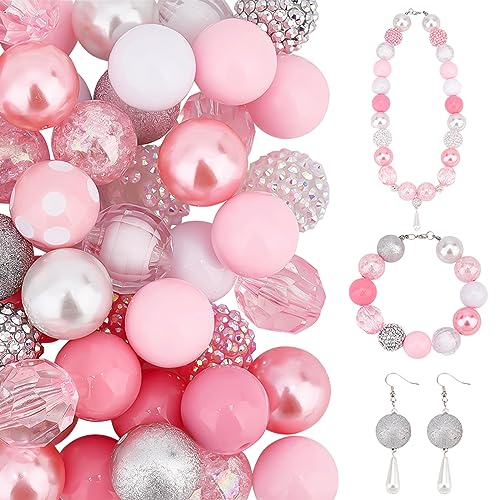 PandaHall 50 Stück 20 mm Bubblegum Perlen Pink Chunk Perlen Acryl Brennperlen Große Lose Perlen Runde Perlen Für Stift Hochzeit Valentinstag Girlande Schmuck Armband Halskette Stift Tasche Kette von PandaHall