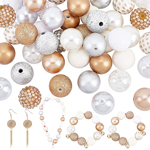 PandaHall 50 Stück Gold Bubblegum Perlen, 20mm Grobstrick Perlen Silber Acryl Perlen Große Strass Perlen Lose Perlen für Hochzeit Weihnachten Girlande Schmuck Armband Halskette Stift Tasche von PH PandaHall