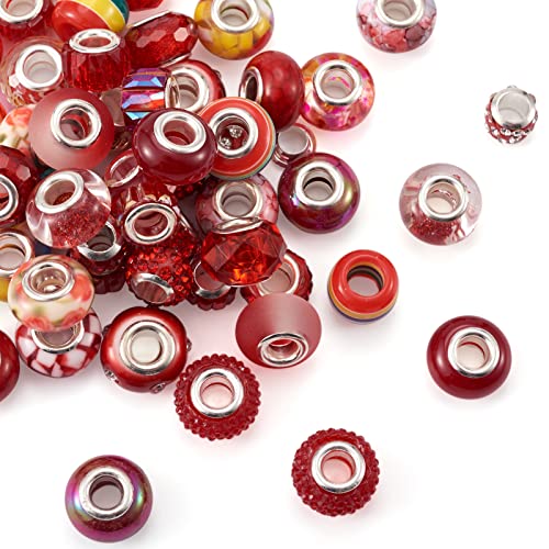 PandaHall 54 Stück Acryl- und Kunstharz- und Polymer-Ton, Strass, europäische Rondelle-Perlen mit großem Lochabstand, lose Perlen mit silberfarbenem Kern, passend für europäische, rot von PH PandaHall