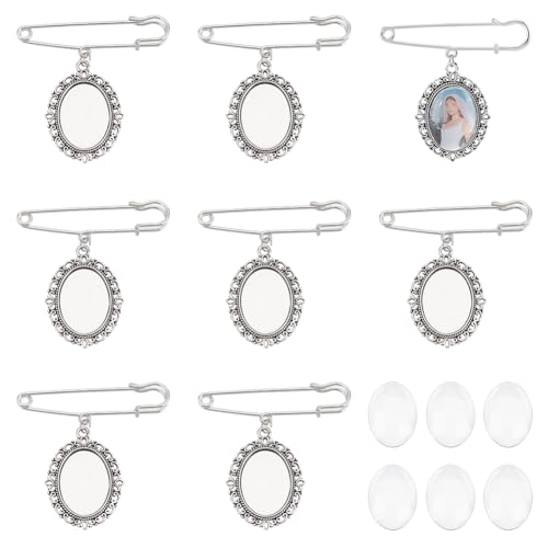 PandaHall 8 Sets DIY Pin Brosche Making Kit Inklusive 8 Stück Eisen Brosche Tray mit 8 Stück Oval Klarglas Cabochons Boutonniere Bouquet Charms für Hochzeitsfeier, Antik Silber & Platin von PH PandaHall