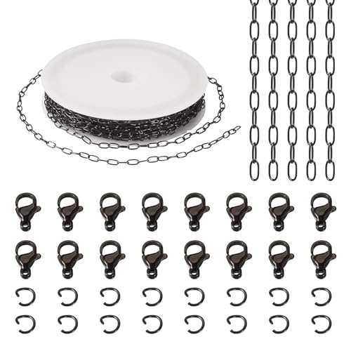 PandaHall Edelstahl-Büroklammerketten, schwarz, gelötet, oval, mit Karabinerverschlüssen, Biegeringe für Armbänder, Halsketten, Schmuckherstellung, 5 m von PH PandaHall
